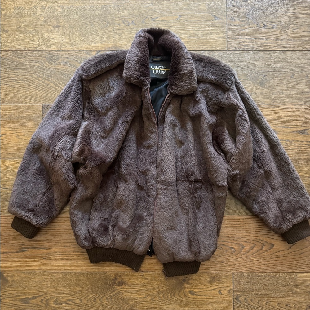 Carole Little Dark Brown Fur Bomber Jacket